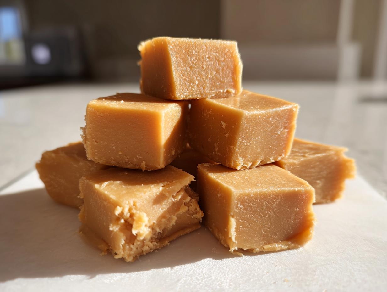 A small stack of creamy, light brown peanut butter fudge cubes sitting on a white surface in bright sunlight.
