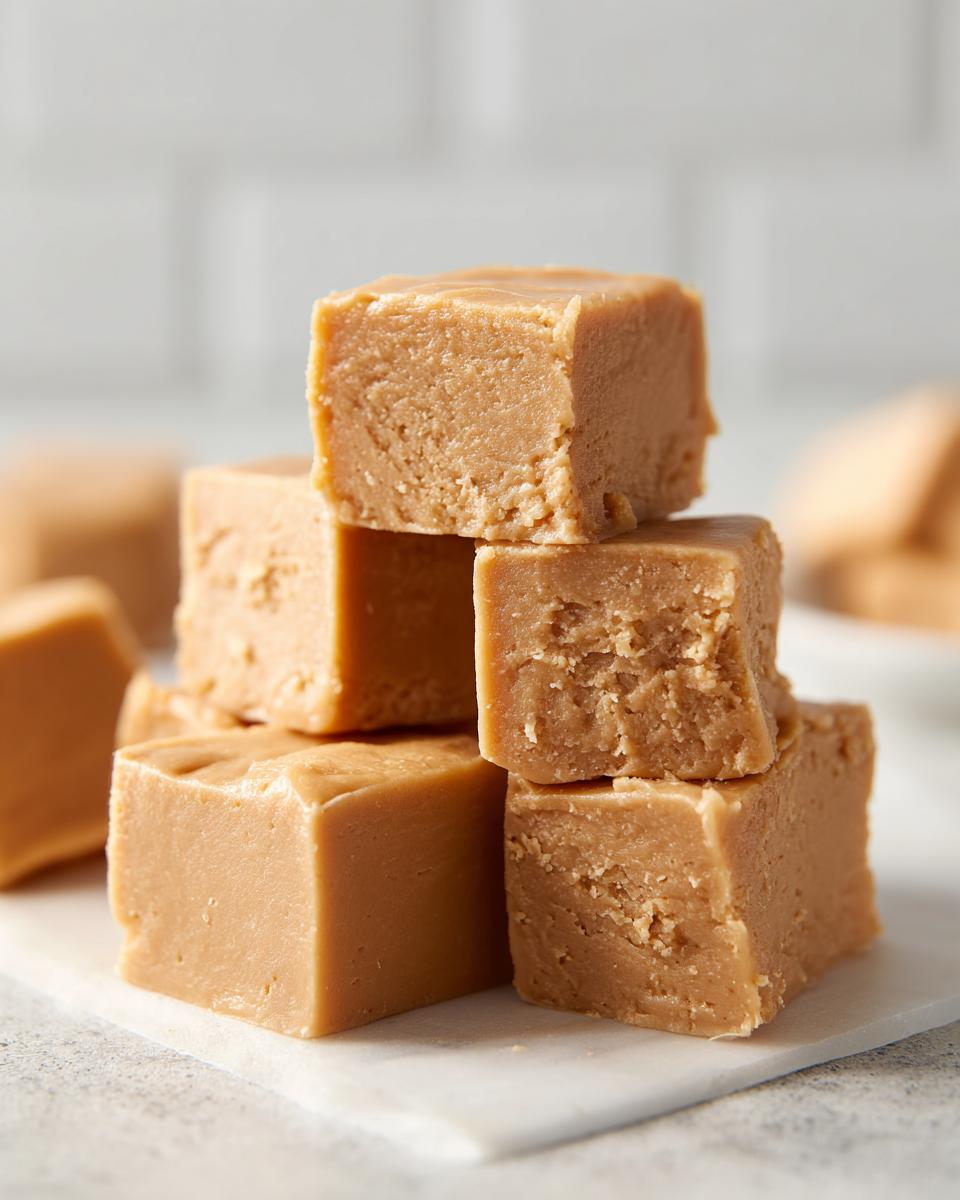 A close-up stack of creamy, light brown peanut butter fudge squares resting on white parchment paper.