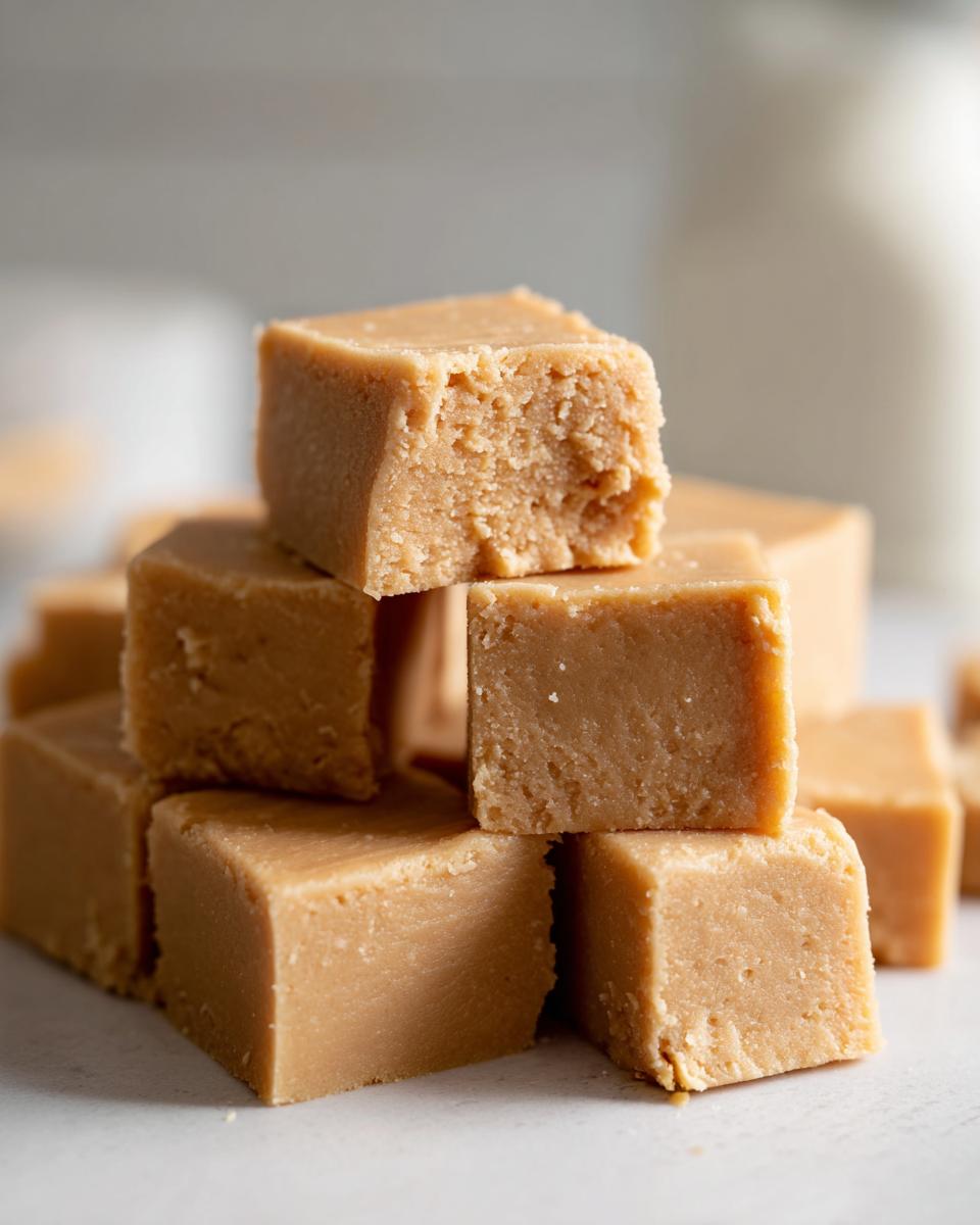 A close-up stack of creamy, light brown squares of 3-ingredient peanut butter fudge, with one piece showing a bite taken out.