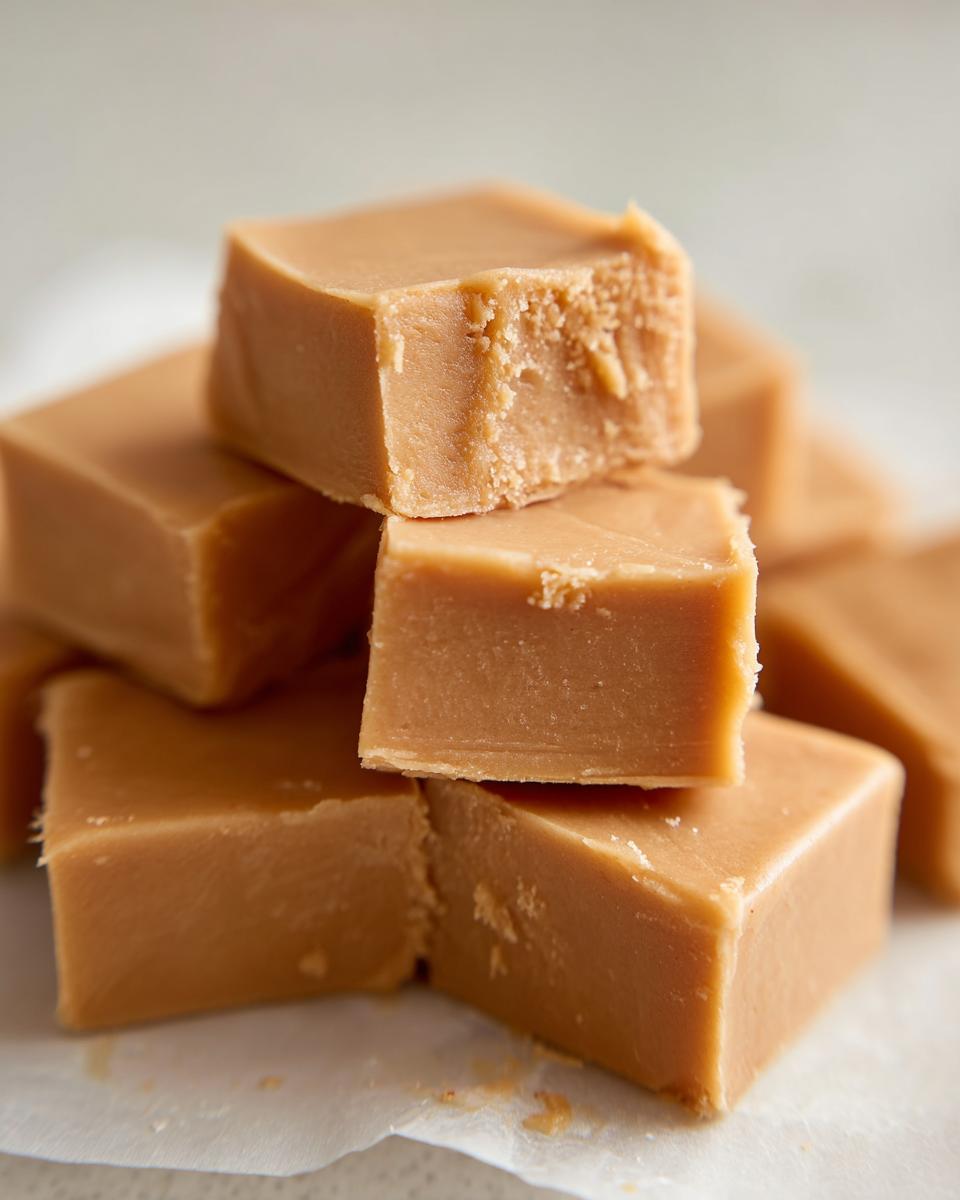 A stack of creamy, light brown peanut butter fudge squares, with one piece showing a slightly crumbly texture where it was bitten.