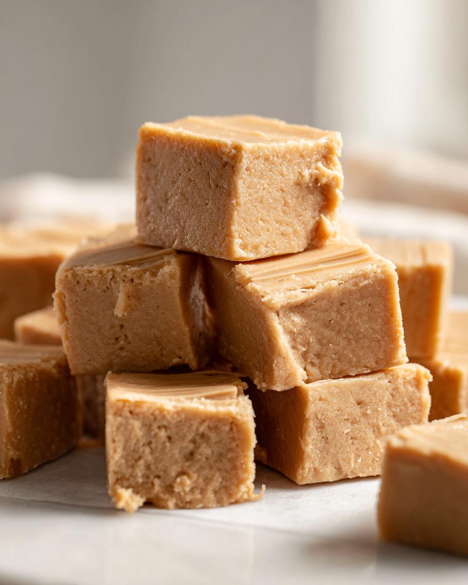 A close-up stack of creamy, light brown squares of 3-ingredient peanut butter fudge.