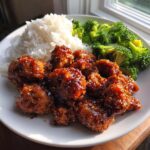 A plate featuring crispy, glazed orange chicken recipe served alongside steamed white rice and bright green broccoli florets.
