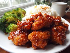 Close-up of crispy, glazed orange chicken recipe served with steamed white rice and bright green broccoli florets.