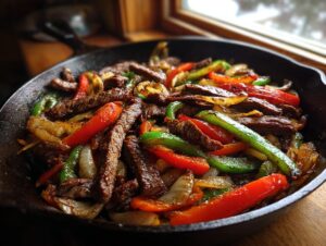 Close-up of sizzling steak fajitas with colorful peppers and onions served directly in a black cast iron skillet.