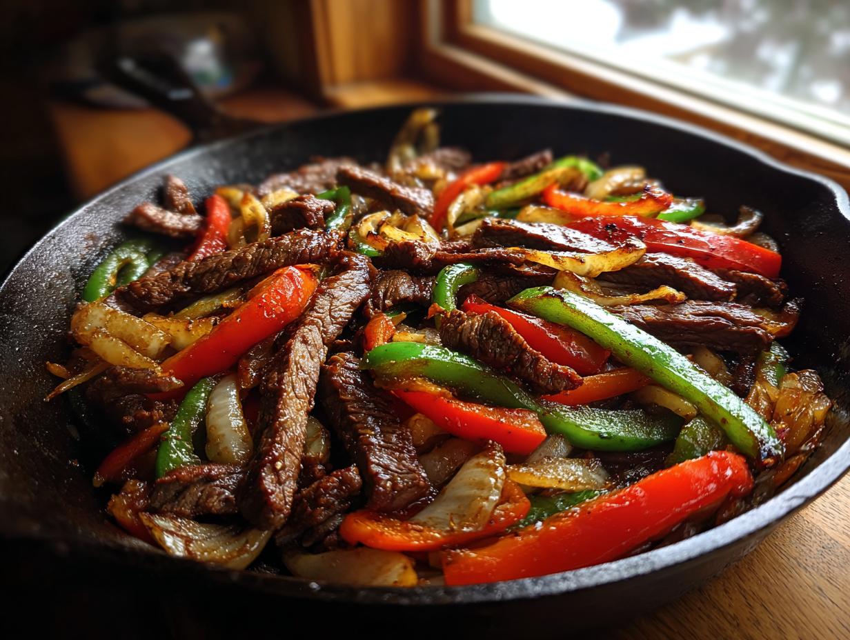 Close-up of sizzling steak fajitas with colorful peppers and onions served directly in a black cast iron skillet.
