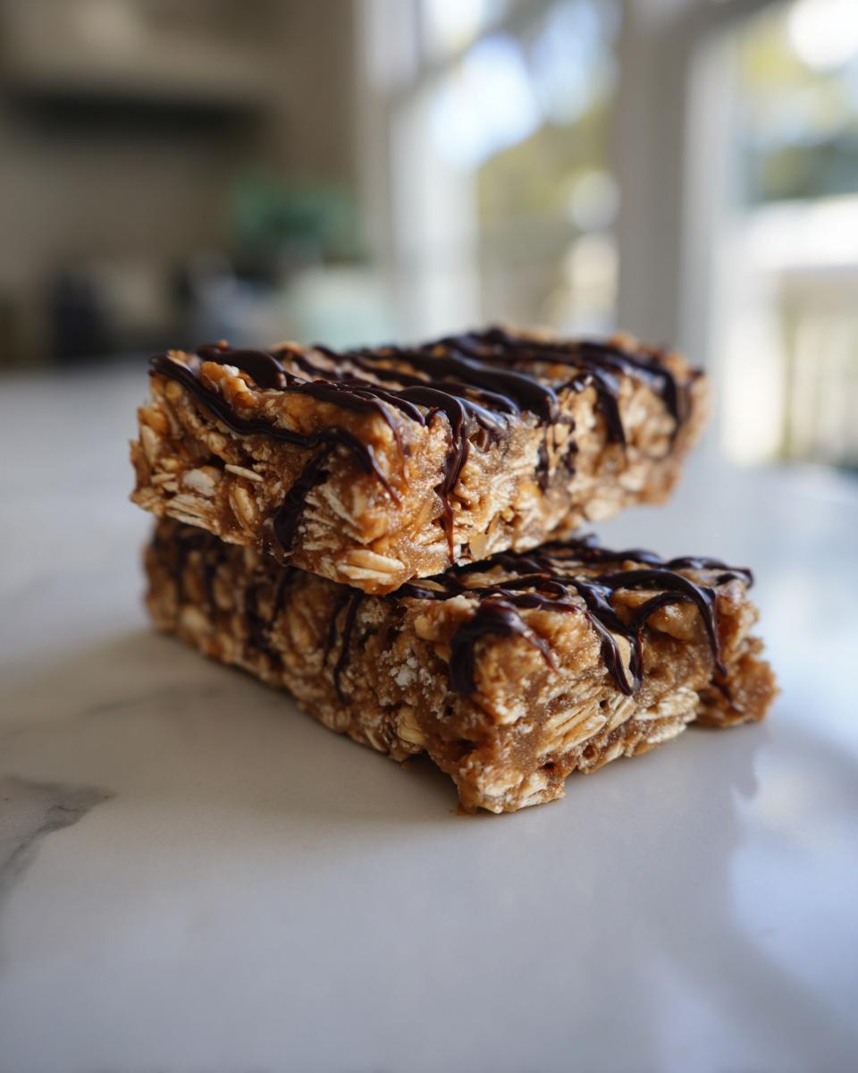 Two stacked homemade protein bars made with oats and drizzled with dark chocolate, ready to eat.