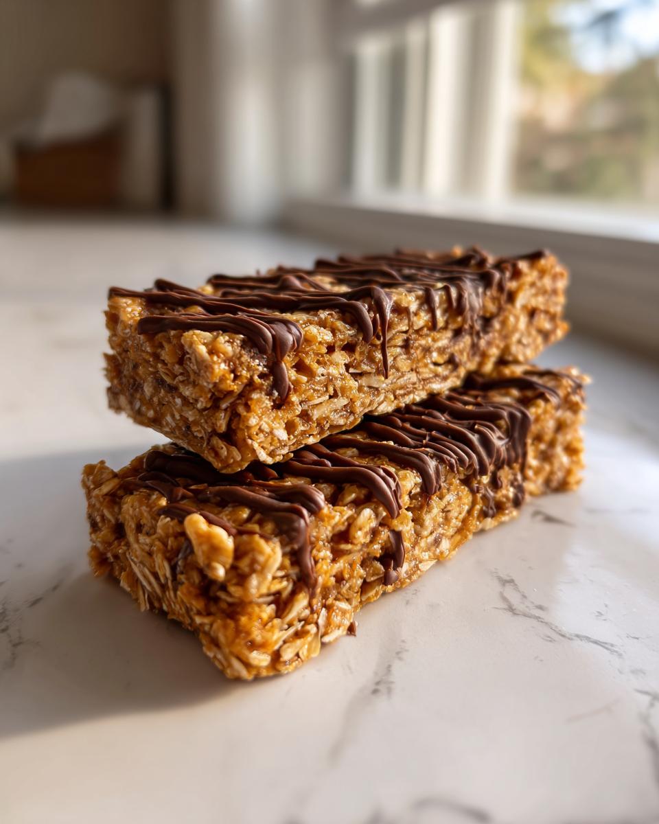 Two homemade protein bars stacked on a marble surface, drizzled generously with melted chocolate.