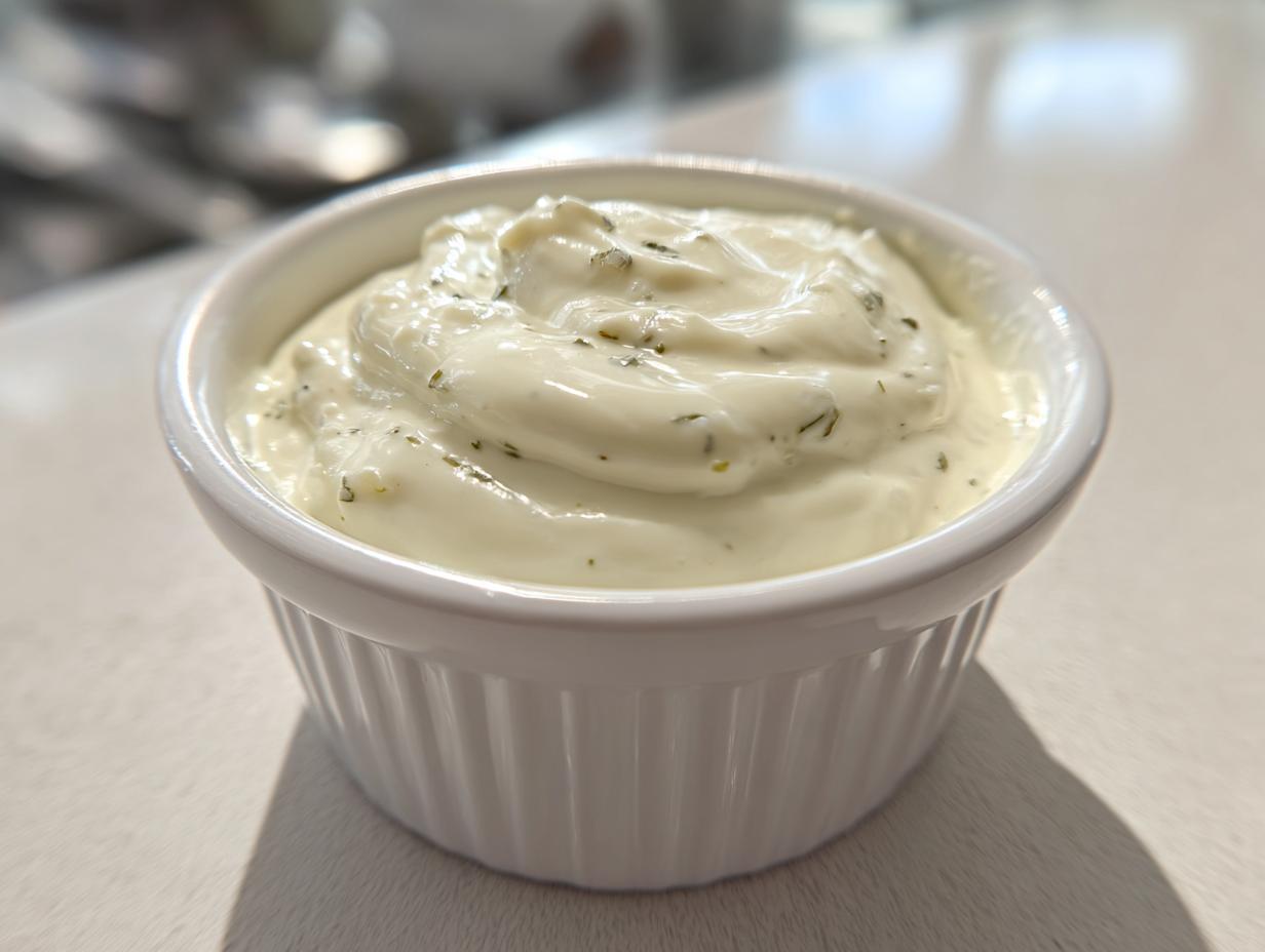 Close-up of creamy, homemade garlic aioli with visible herbs served in a small white fluted ramekin.