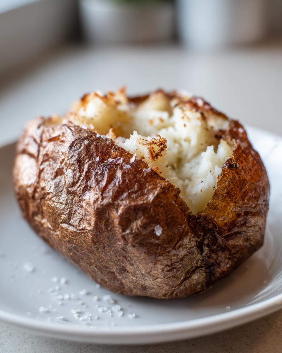 A close-up of a fluffy air fryer baked potato with a crispy, seasoned skin, served on a white plate.