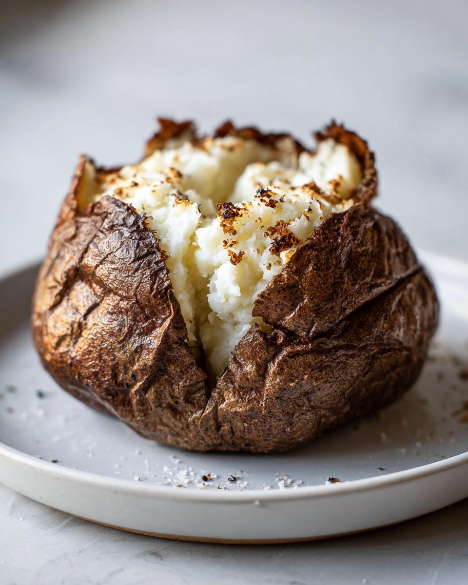 A crispy-skinned air fryer baked potato, split open to show fluffy white potato inside, seasoned with salt.