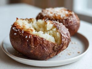 A close-up of a fluffy air fryer baked potato, split open and sprinkled with coarse salt.