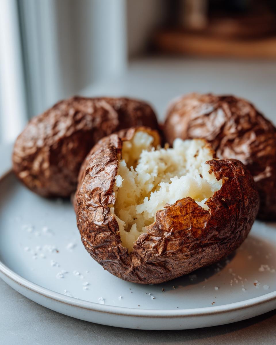 Close-up of a perfectly cooked air fryer baked potato, split open to show fluffy interior, served on a plate with salt.