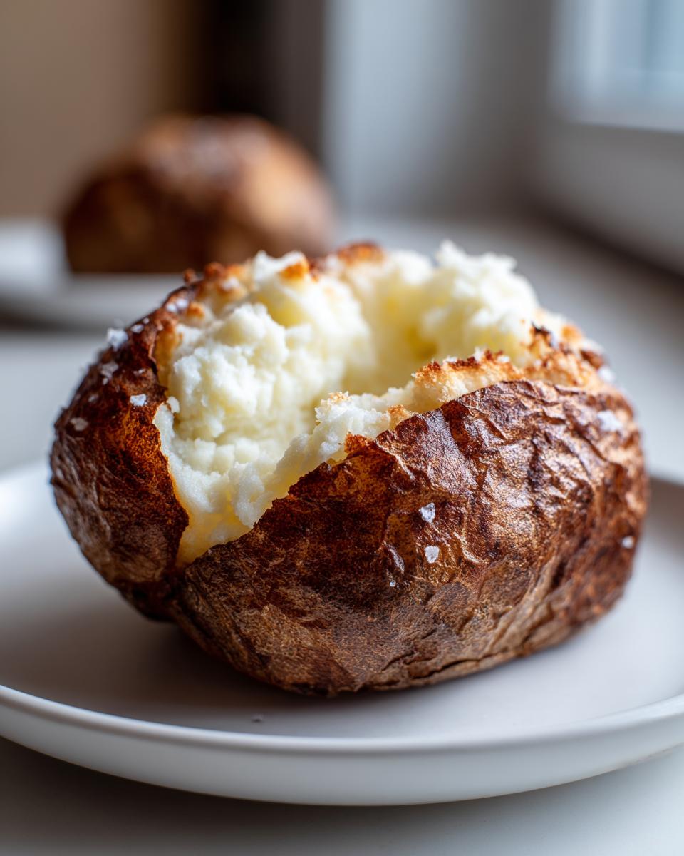 Close-up of a perfectly cooked air fryer baked potato with a split top revealing fluffy white interior and salted, crispy skin.