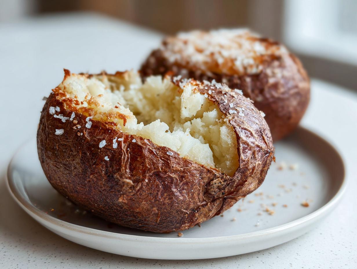 A close-up of a fluffy air fryer baked potato, split open and sprinkled with coarse salt.