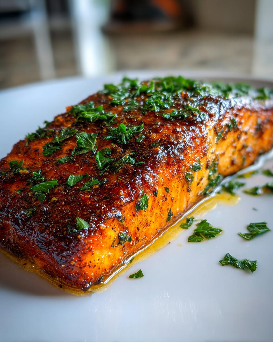 Close-up of a beautifully seasoned and glazed air fryer salmon fillet topped with fresh chopped parsley.