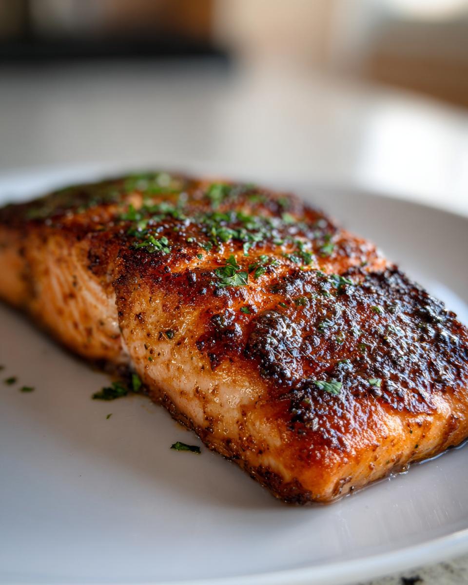 Close-up of a perfectly cooked, seasoned air fryer salmon fillet with a crispy, browned top garnished with parsley.
