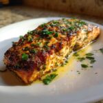 A close-up of a perfectly cooked piece of air fryer salmon, seasoned and topped with fresh parsley, resting in butter sauce.