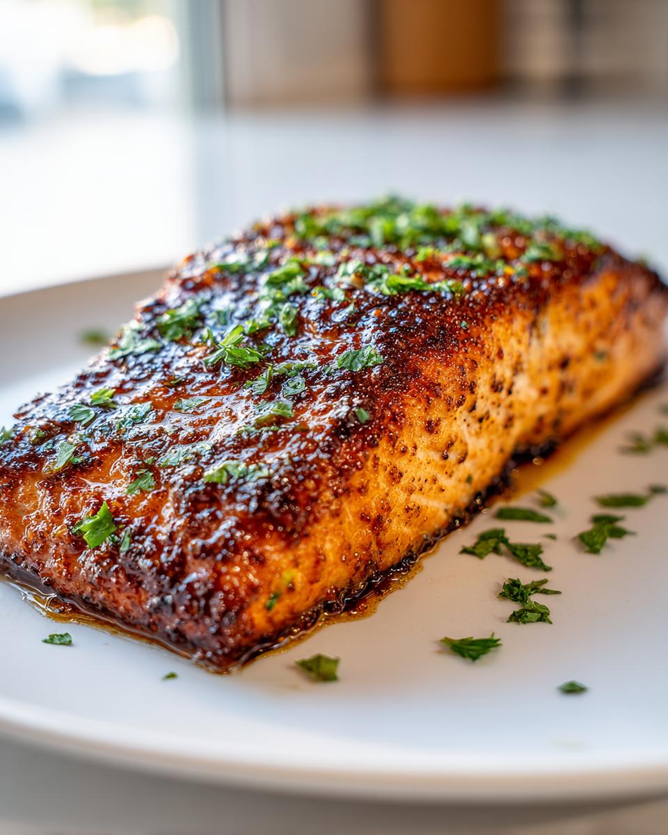 Close-up of a perfectly cooked, glazed air fryer salmon fillet topped with fresh chopped parsley.