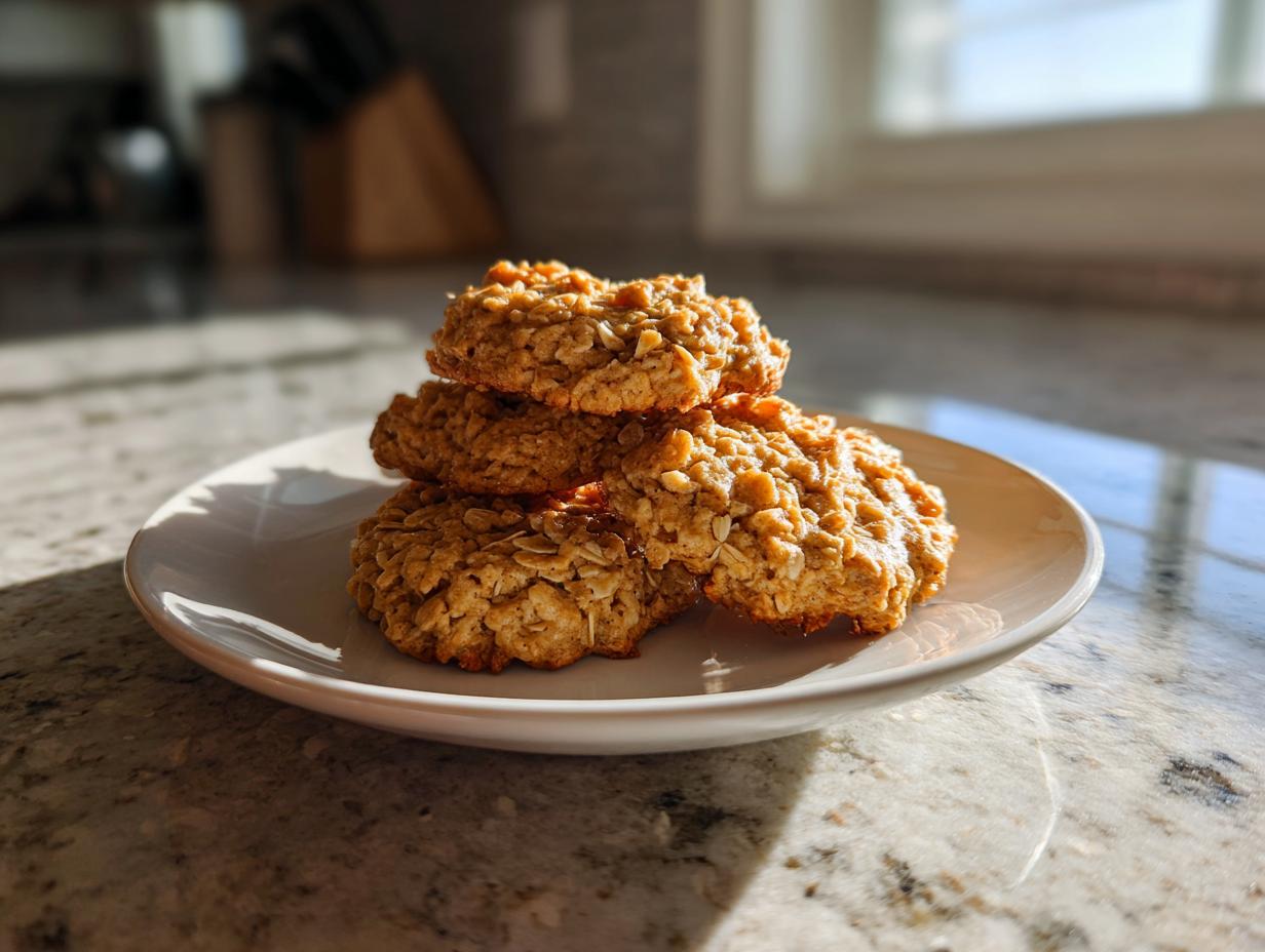 A stack of four golden, textured breakfast cookie treats on a white plate in bright morning light.