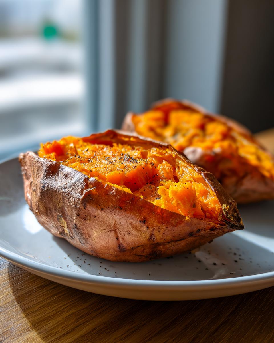 Close-up of a perfectly baked sweet potato, split open to show the bright orange, fluffy interior seasoned with pepper.