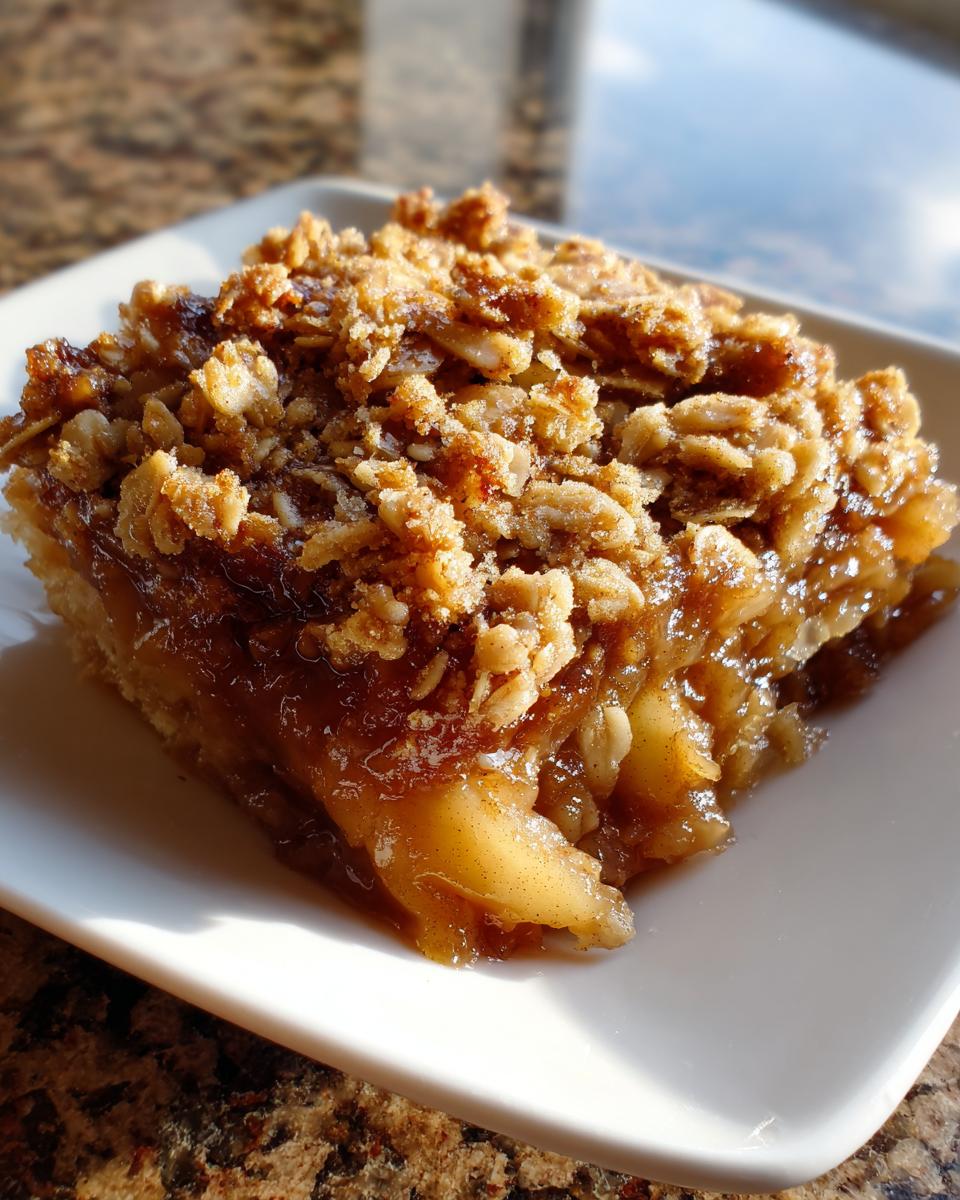 Close-up of a square serving of baked apple crisp recipe with a thick, gooey apple filling and crunchy oat topping.