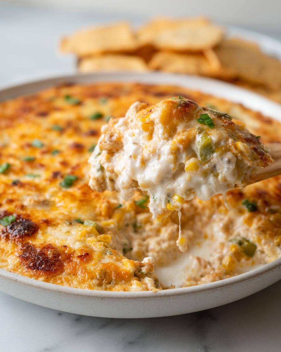 A spoonful of creamy, cheesy baked corn dip being lifted from the dish, showing melted cheese and corn kernels.