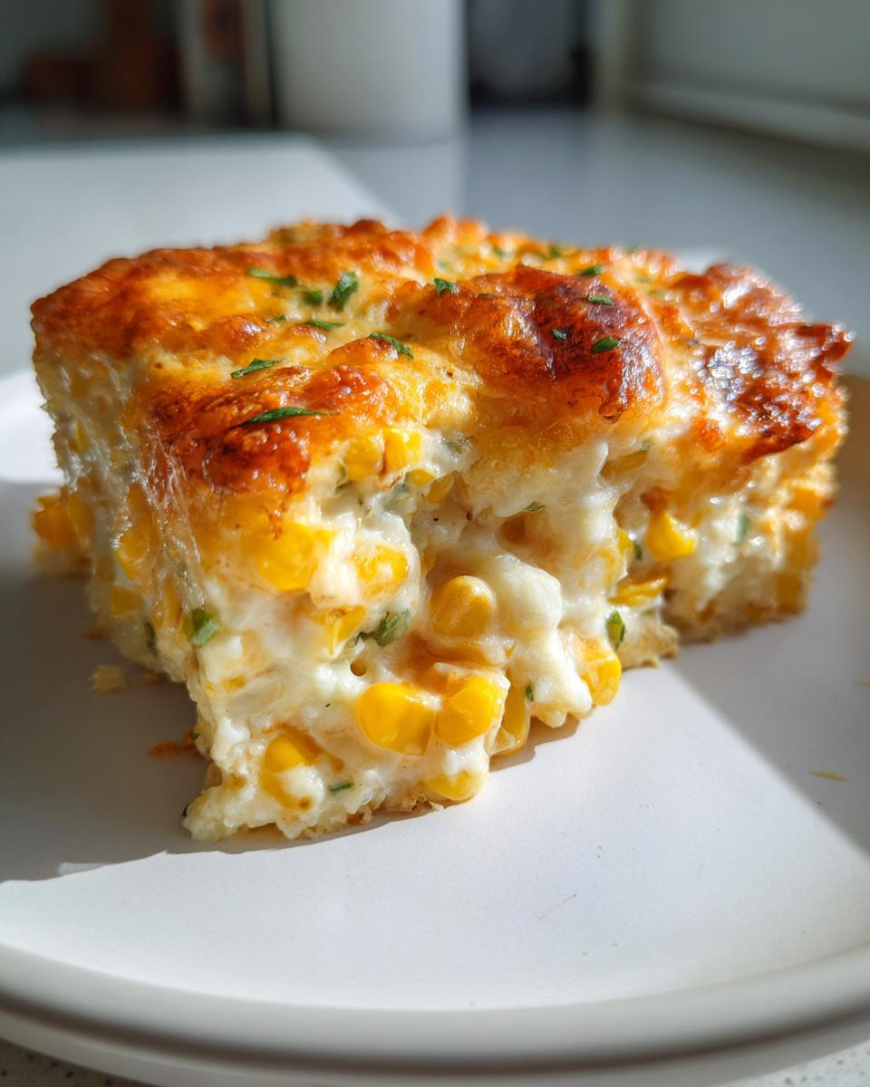 A close-up of a square serving of baked corn dip, showing creamy texture, bright yellow corn kernels, and a golden-brown cheesy top.