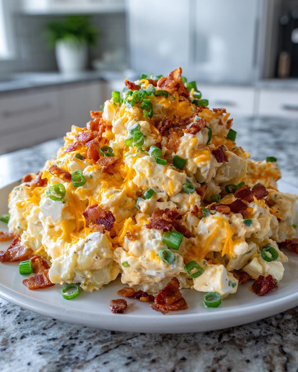 A large mound of creamy baked potato salad topped generously with shredded cheddar cheese, crispy bacon bits, and sliced green onions.