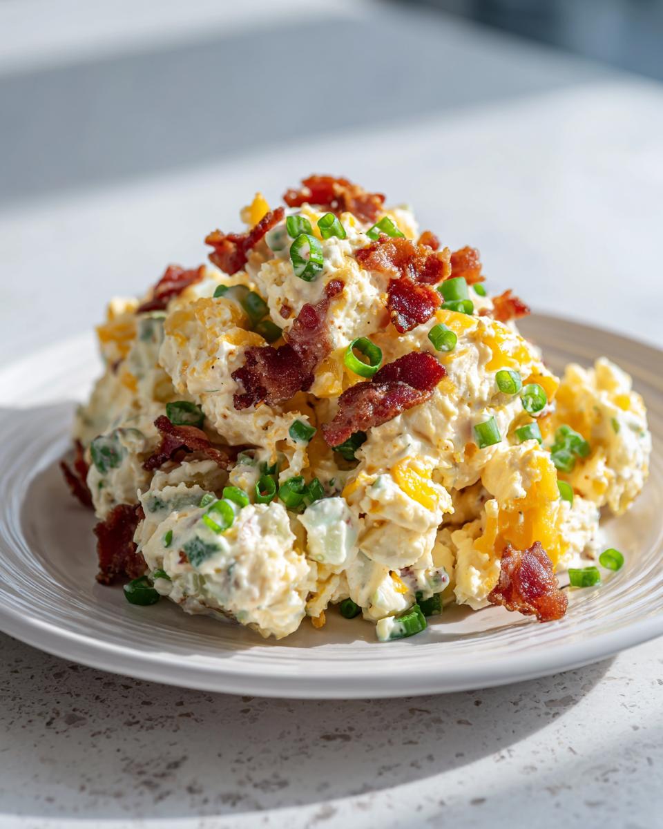 A generous mound of creamy baked potato salad topped with crumbled bacon, shredded cheddar cheese, and sliced green onions.