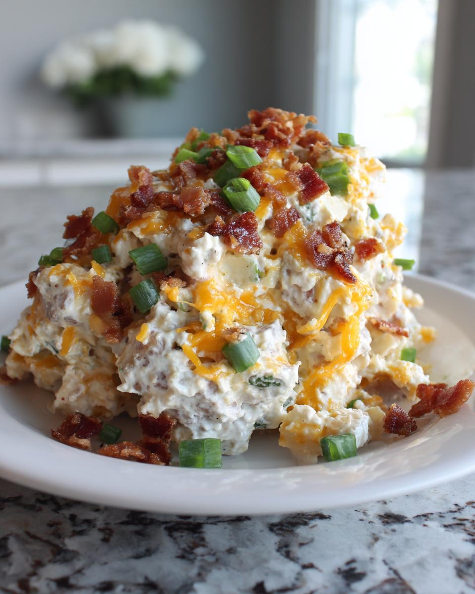 A generous serving of creamy baked potato salad topped with shredded cheddar cheese, crispy bacon bits, and fresh green onions.