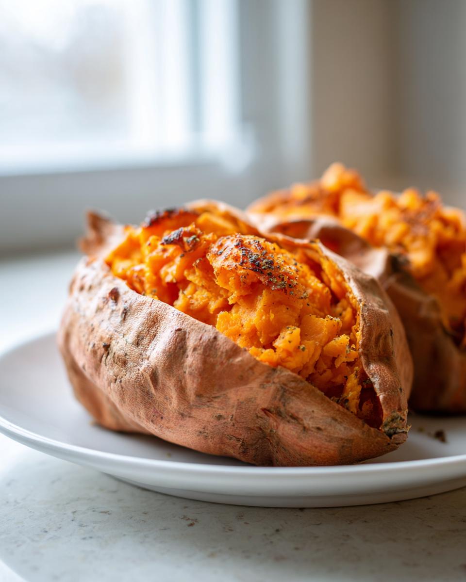 Close-up of two fluffy baked sweet potatoes, split open and seasoned, served on a white plate.