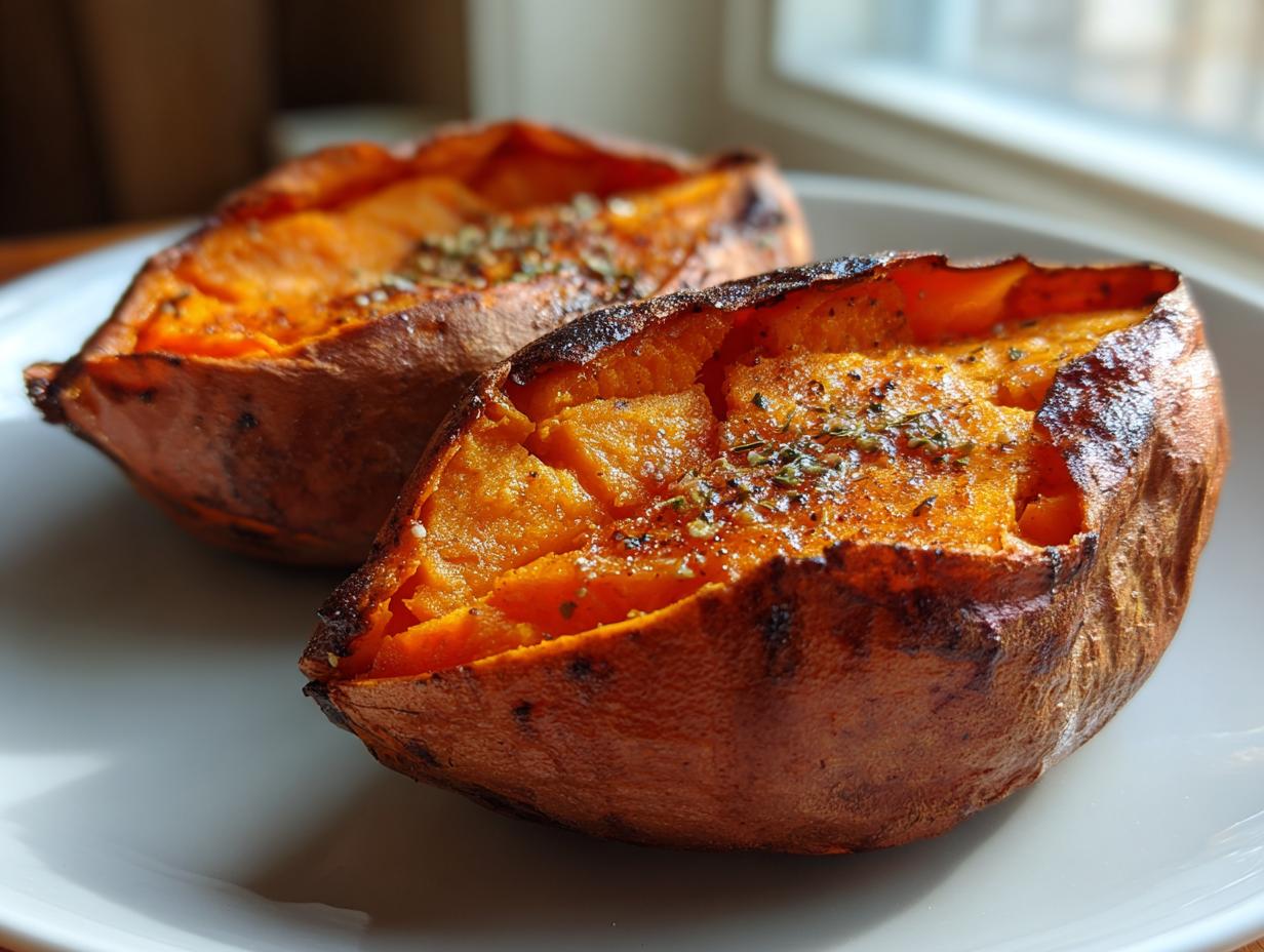 Two halves of a baked sweet potatoes, split open and seasoned with herbs, ready to eat.
