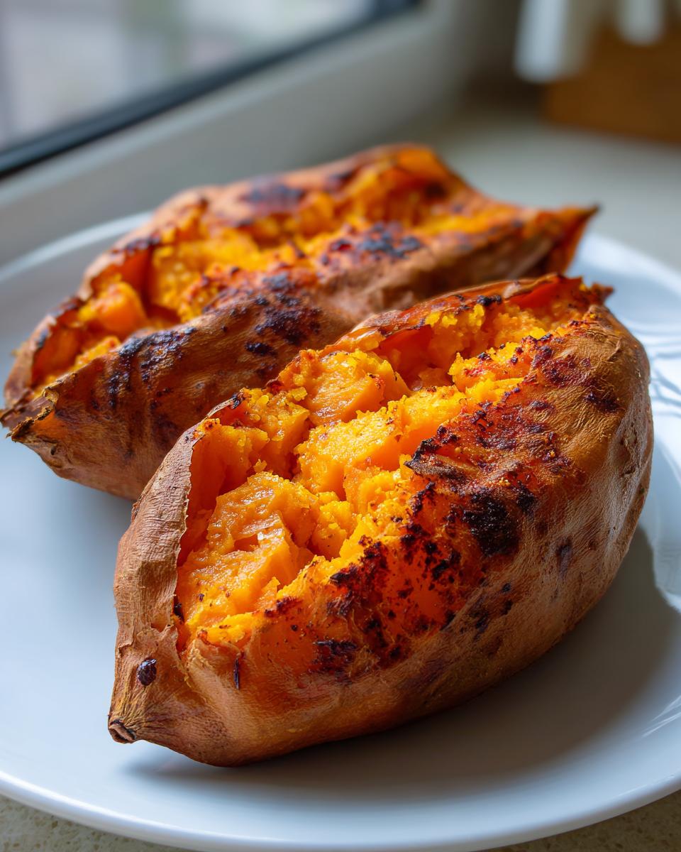 Two perfectly cooked baked sweet potatoes, split open to show the bright orange, fluffy interior.