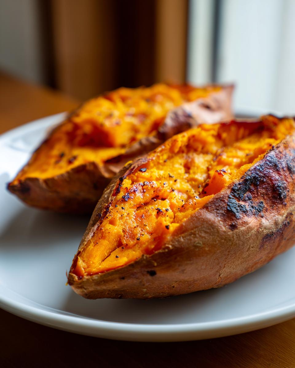 Two perfectly baked sweet potatoes, split open to show the fluffy orange interior, seasoned with pepper.
