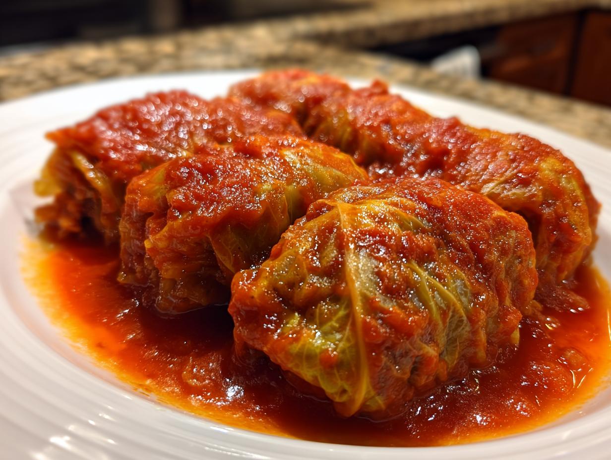 Four hearty cabbage rolls smothered in a rich, vibrant red tomato sauce, ready to eat.