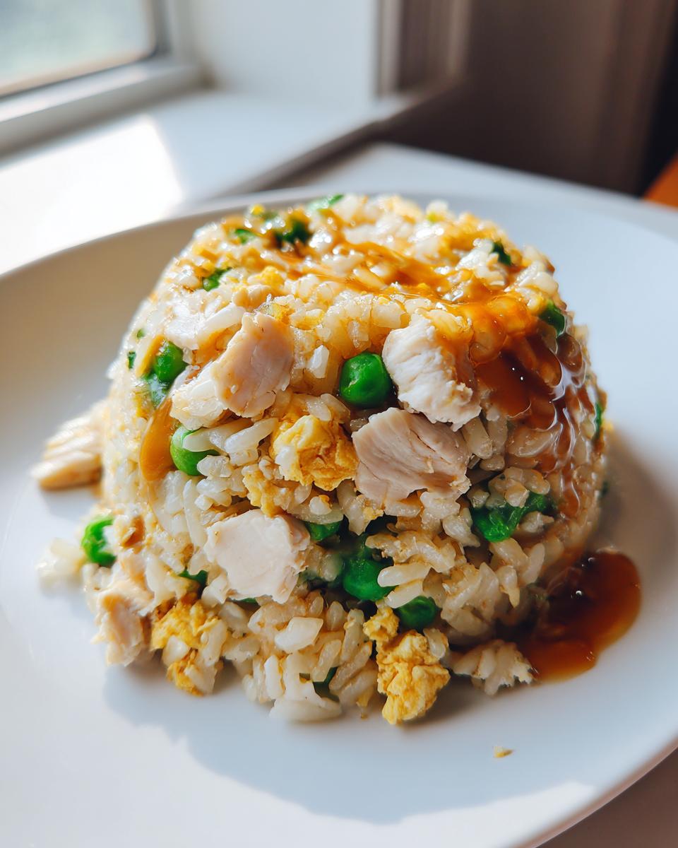 A serving of homemade chicken fried rice, molded into a dome shape, featuring white rice, chunks of chicken, green peas, and scrambled egg, topped with brown sauce.