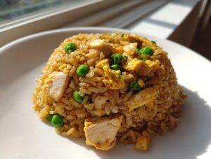 A close-up of a perfectly molded serving of homemade chicken fried rice with peas and egg.