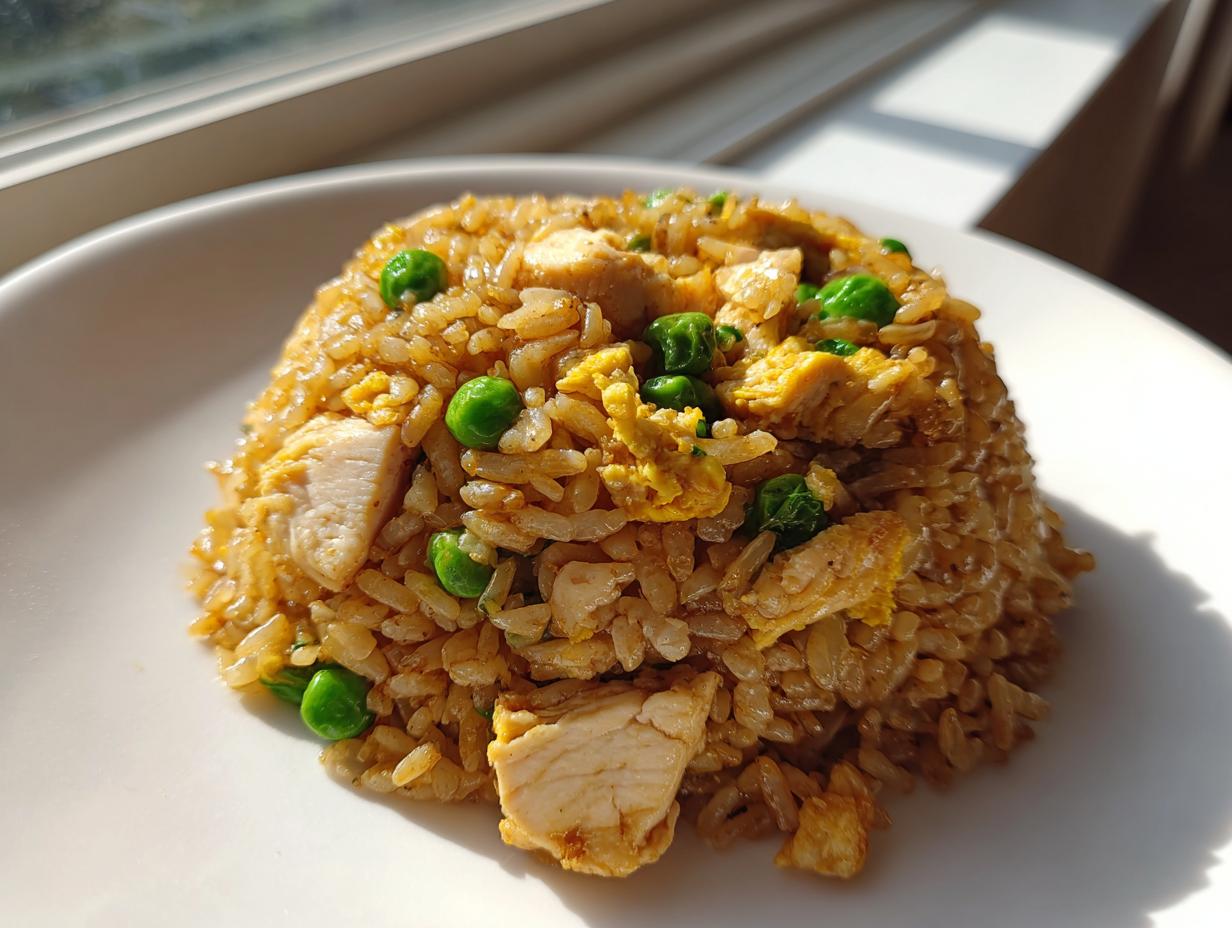 A close-up of a perfectly molded serving of homemade chicken fried rice with peas and egg.
