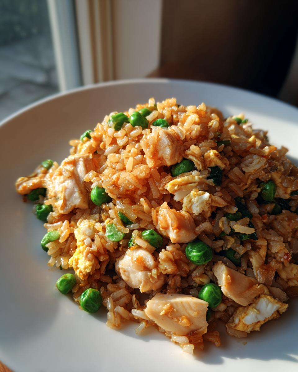 A close-up of a white plate filled with golden brown chicken fried rice, featuring chunks of chicken and bright green peas.