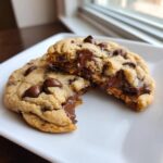 A close-up of amazing chocolate chip cookies broken in half, revealing a molten, gooey chocolate center.