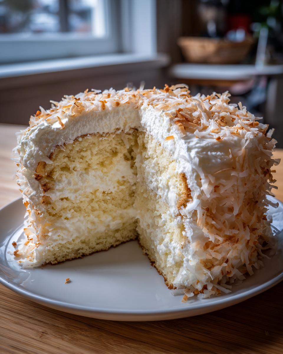 A slice cut from a moist coconut cake recipe, covered in white frosting and toasted coconut flakes.