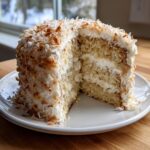 A slice removed from a fluffy, layered coconut cake recipe covered in white frosting and toasted coconut flakes.