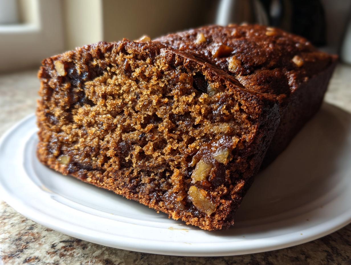 Close-up of a moist, dark brown slice of date nut bread showing visible dates and walnuts.
