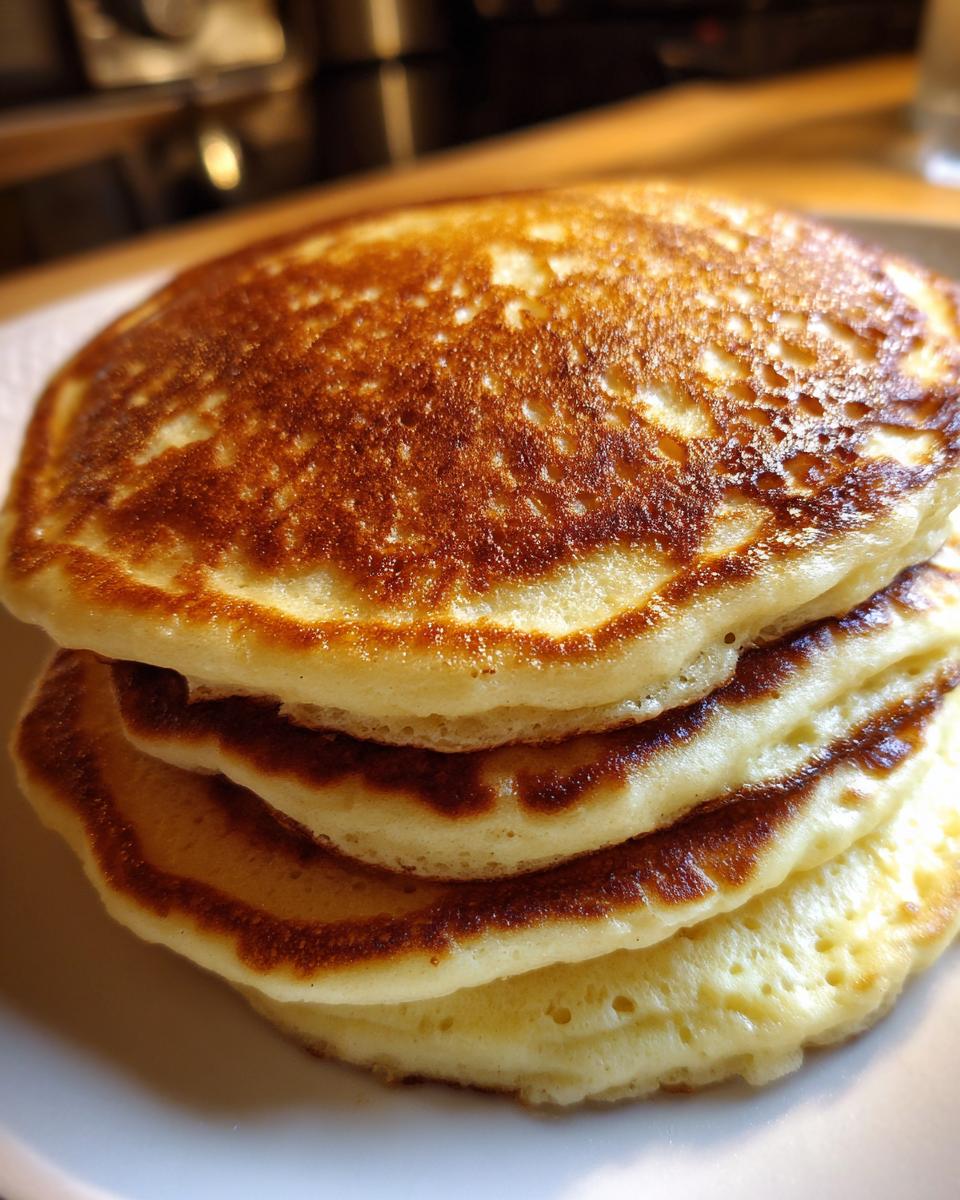 Close-up of a stack of three incredibly fluffy pancakes with perfectly golden-brown, slightly crisp edges.