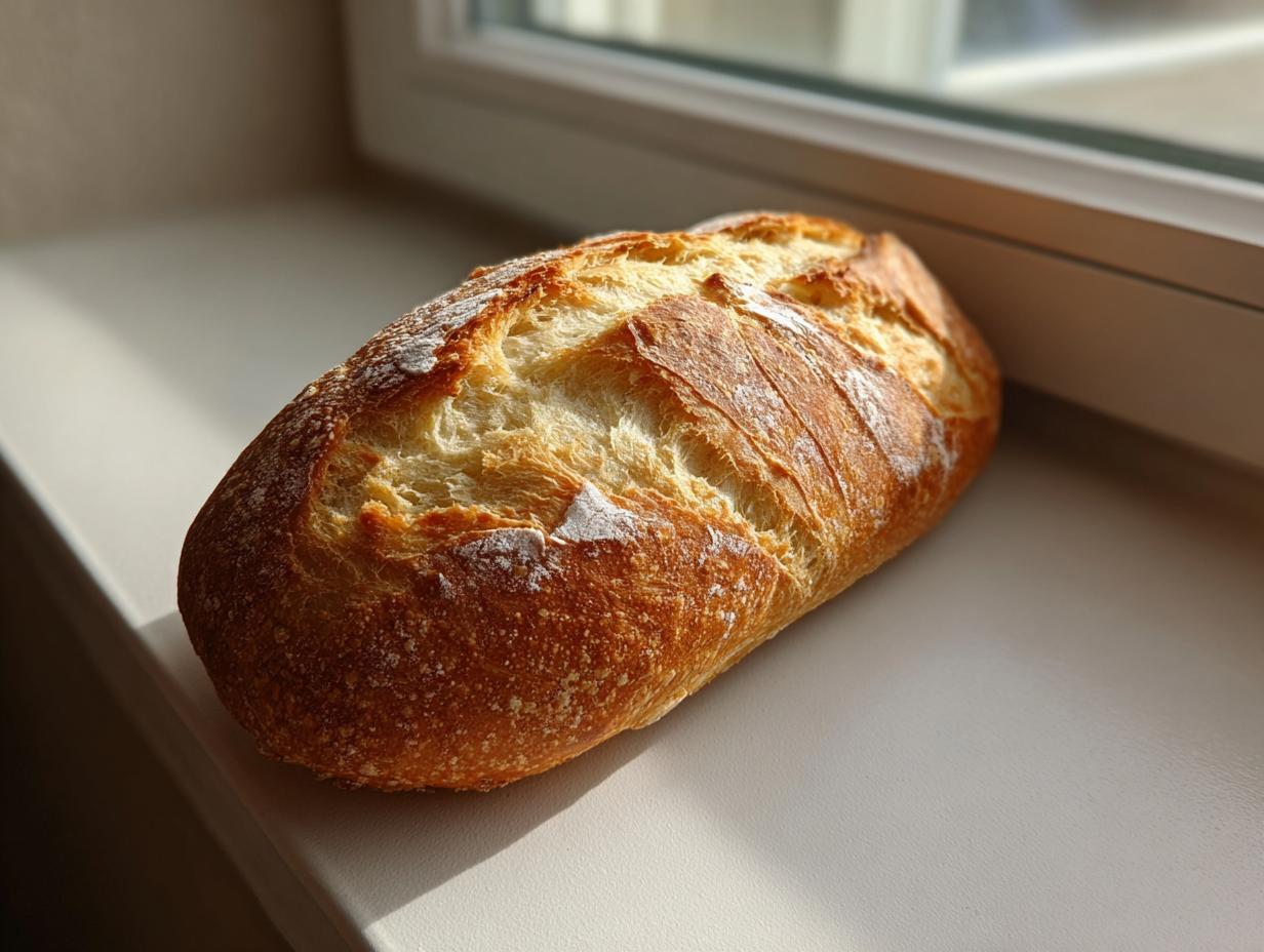 A golden-brown, crusty loaf of homemade French bread resting on a light windowsill, catching the sunlight.