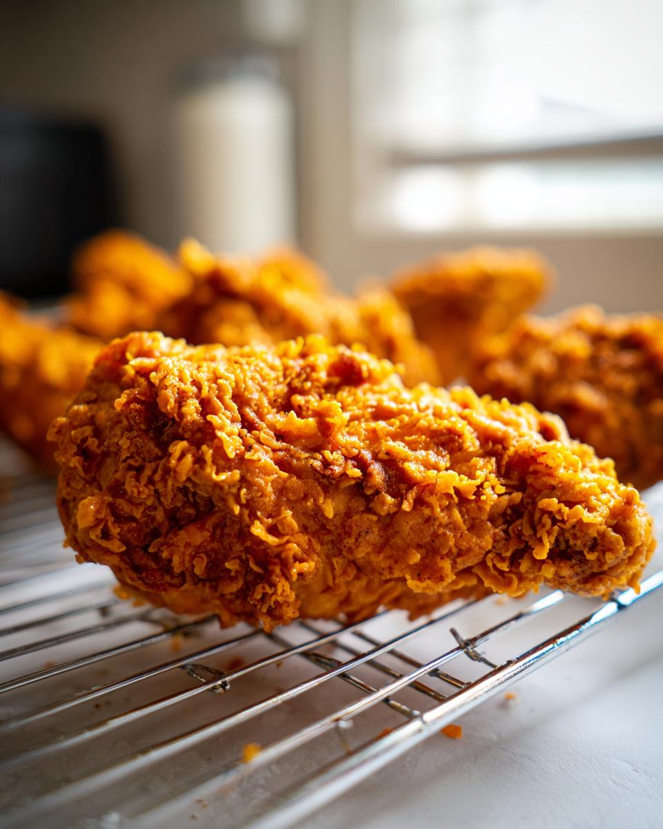 Close-up of a perfectly golden and crispy piece of fried chicken resting on a wire cooling rack.