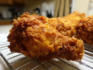 Close-up of a perfectly cooked piece of crispy fried chicken resting on a wire cooling rack.