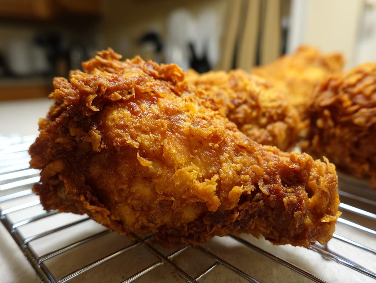 Close-up of a perfectly cooked piece of crispy fried chicken resting on a wire cooling rack.