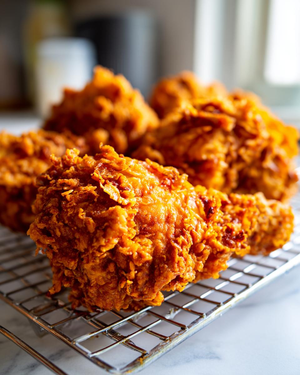 Close-up of a perfectly crispy, golden-brown fried chicken drumstick resting on a wire cooling rack.