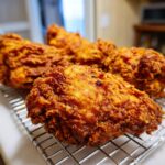 Close-up of perfectly crispy, golden brown fried chicken pieces resting on a wire cooling rack.